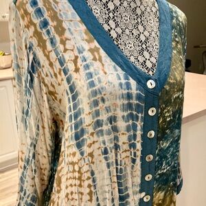 Bohemian Tie-Dye Button-Up Blouse with real shell buttons